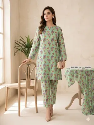 Stylish Green Lawn Suit with Digital Print - 2 Pcs Set