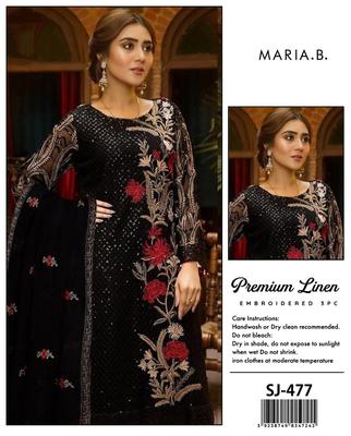 3 Pcs Women's Unstitched Linen Sequins Embroidered Suit