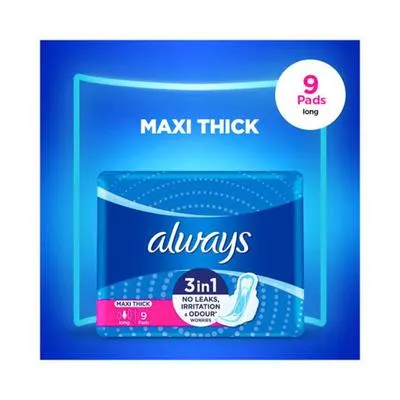 Always 3 In 1 Maxi Thick Sanitary Pads, 9 Pcs, No Leaks,Irritation & Odour Worries