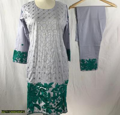 2 Pcs Women's Stitched Lawn Plain Shirt And Trouser