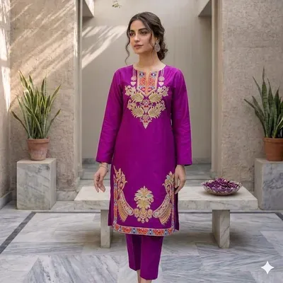 2 Pcs Women's Stitched Lawn Embroidered Shirt And Trouser thumbnail 1