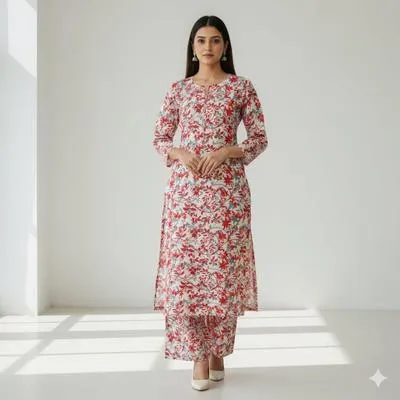 Unstitched Printed Lawn Suit Red Grey Floral Eid Wear