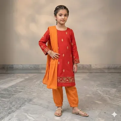 2 Pcs Girl's Arabic Lawn Embroidered Kurta And Pajama