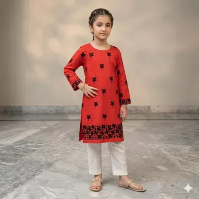 2 Pcs Girl's Arabic Lawn Embroidered Kurta And Pajama thumbnail 1