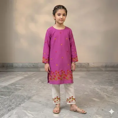 2 Pcs Girl's Arabic Lawn Embroidered Kurta And Pajama thumbnail 1