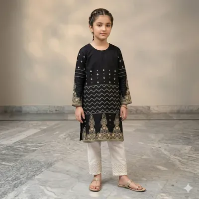2 Pcs Girl's Arabic Lawn Embroidered Kurta And Pajama thumbnail 1
