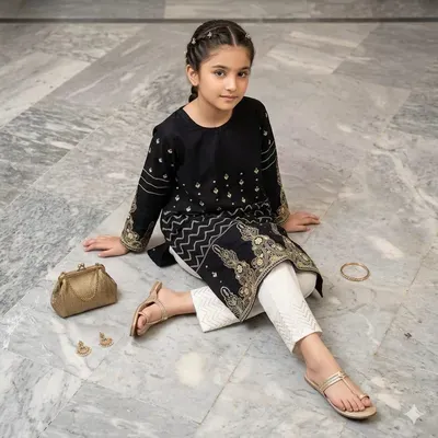 2 Pcs Girl's Arabic Lawn Embroidered Kurta And Pajama thumbnail 2