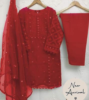 Stunning Women's Stitched Suit Organza - 3 Pcs with Embroidered Design