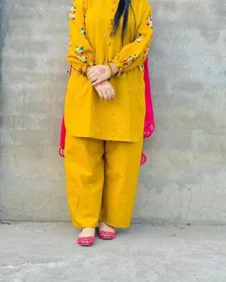 Yellow Embroidered Kurti with Front Buttons & Pockets 2Pcs