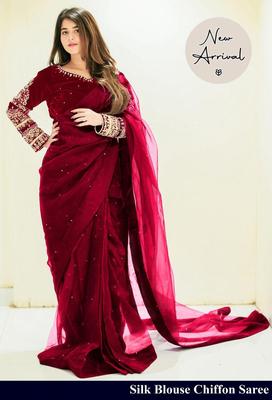 Exquisite Shamoz Silk Embroidered Stitched Saree - 1 Pc