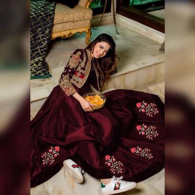 2 Pcs Women's Stitched Silk Plain Maxi With Embroidered Jacket