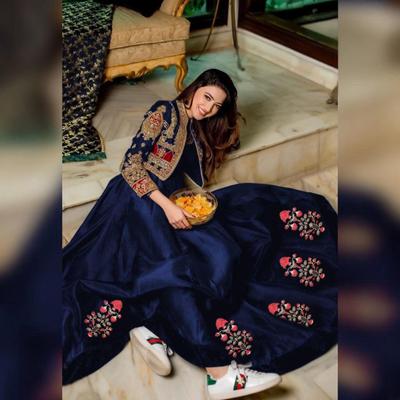 2 Pcs Women's Stitched Silk Plain Maxi With Embroidered Jacket