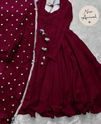 Stylish 3 Pcs Women's Chiffon Maxi Suit with Dupatta and Trouser - Plain Square Neck Design