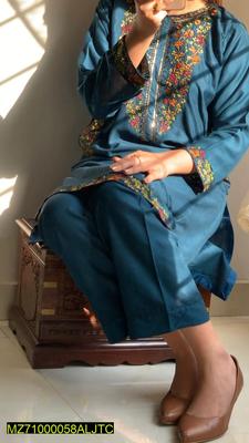 2 Pcs Women's Stitched Linen Embroidered Suit