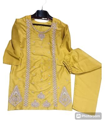2 Pcs Women's Stitched Linen Embroidered Shirt And Trouser