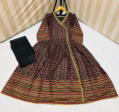 2 Pcs Women's Stitched Linen Printed Frock And Trouser