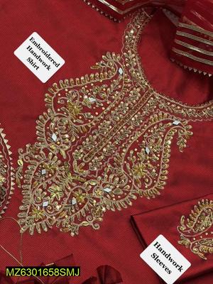 3 Pcs Women's Unstitched Fancy Katan Silk Embroidered Suit