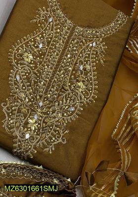 3 Pcs Women's Unstitched Fancy Katan Silk Embroidered Suit