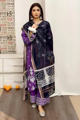 Purple Embroidered 3-Piece Lawn Suit for Women