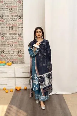 Blue Embroidered 3-Piece Women's Lawn Suit with Printed Dupatta