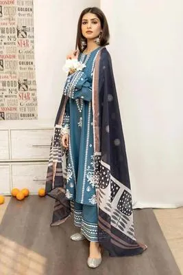 Blue Embroidered 3-Piece Women's Lawn Suit with Printed Dupatta thumbnail 2
