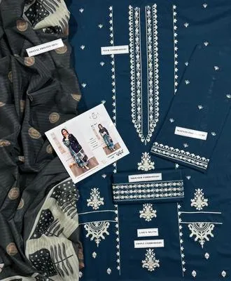 Blue Embroidered 3-Piece Women's Lawn Suit with Printed Dupatta thumbnail 3