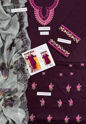 Purple Embroidered 3 Pcs Women's Lawn Suit thumbnail 3