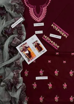Maroon Embroidered 3 Pcs Women's Lawn Suit thumbnail 3