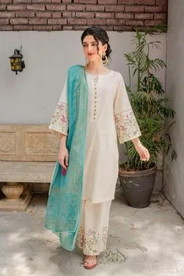 Off White Embroidered 3 Pcs Lawn Suit for Women