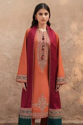 Orange Embroidered Women's Lawn Suit 3 Pcs Set