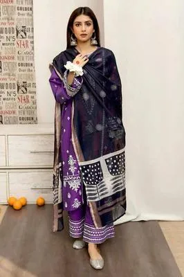 Purple Embroidered 3 Pcs Lawn Suit for Women