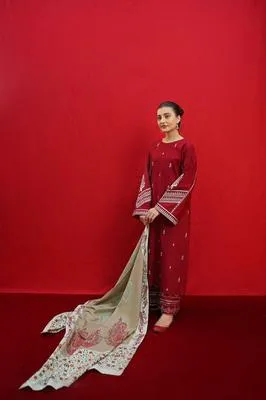 Maroon Embroidered 3 Pcs Lawn Suit with Printed Dupatta