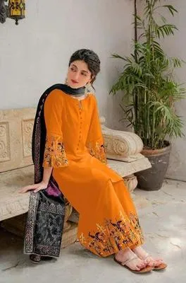 Orange Embroidered 3-Piece Lawn Suit for Women