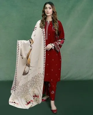 Maroon Embroidered 3 Pcs Women Suit Lawn Eid Wear