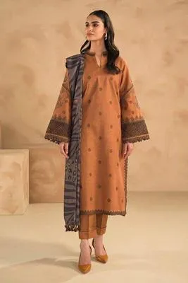 Brown Embroidered 3-Piece Lawn Suit for Women