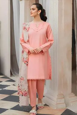 Pink Embroidered 3-Piece Lawn Suit Set for Women