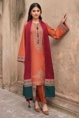 Women's 3-Piece Embroidered Lawn Suit Orange thumbnail 2