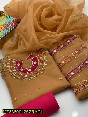 3 Pcs Women's Unstitched Fancy Organza Cut-work Embroidered Suit