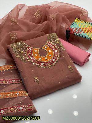 3 Pcs Women's Unstitched Fancy Organza Cut-work Embroidered Suit