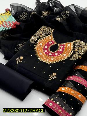 3 Pcs Women's Unstitched Fancy Organza Cut-work Embroidered Suit