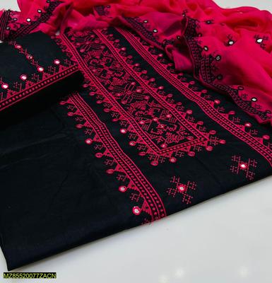 3 Pcs Women's Unstitched Cotton Embroidered Suit