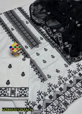 3 Pcs Women's Unstitched Cotton Embroidered Suit