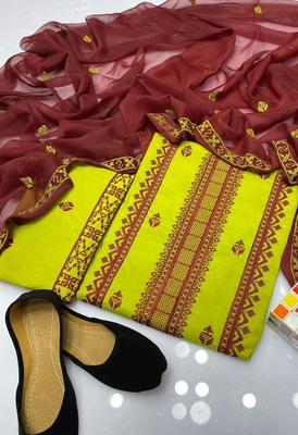 3 Pcs Women's Unstitched Cotton Embroidered Suit
