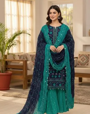 Unstitched Printed Linen 3-Piece Suit Green Navy Blue