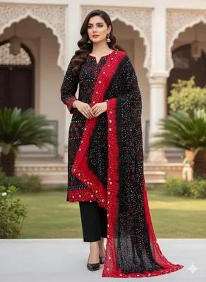 3-Piece Printed Linen Suit Red Black for Women