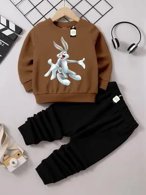 2 Pcs Boy's Fleece Printed Sweatshirt Tracksuit