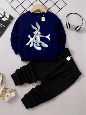 2 Pcs Boy's Fleece Printed Sweatshirt Tracksuit