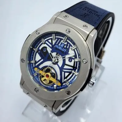 Hublot Style Blue Skeleton Dial Quartz Watch - Steel Case & Blue/Black Strap