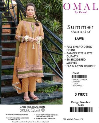 3 Pcs Women's Unstitched Lawn Embroidered Suit