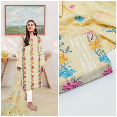 3 Pcs Women's Unstitched Paper Cotton Embroidered Suit
